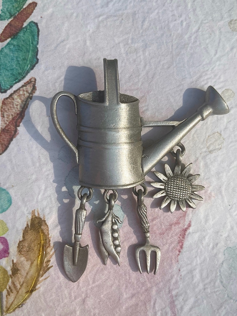 Vintage JJ Jonette Watering Can Garden Theme Pin Brooch Pewter